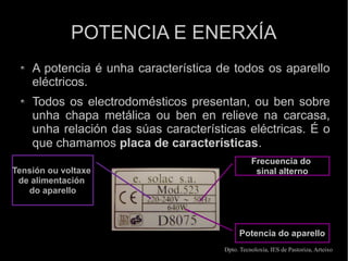 POTENCIA E ENERXÍA
    A potencia é unha característica de todos os aparello
    eléctricos.
    Todos os electrodomésticos presentan, ou ben sobre
    unha chapa metálica ou ben en relieve na carcasa,
    unha relación das súas características eléctricas. É o
    que chamamos placa de características.
                                                Frecuencia do
Tensión ou voltaxe                               sinal alterno
 de alimentación
   do aparello



                                           Potencia do aparello
                                      Dpto. Tecnoloxía, IES de Pastoriza, Arteixo
 