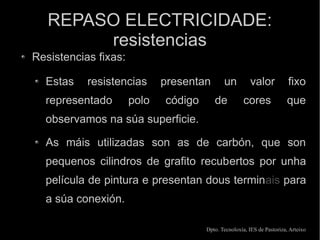 REPASO ELECTRICIDADE:
        resistencias
Resistencias fixas:

  Estas    resistencias      presentan       un         valor            fixo
  representado        polo   código      de          cores              que
  observamos na súa superficie.

  As máis utilizadas son as de carbón, que son
  pequenos cilindros de grafito recubertos por unha
  película de pintura e presentan dous terminais para
  a súa conexión.

                                      Dpto. Tecnoloxía, IES de Pastoriza, Arteixo
 