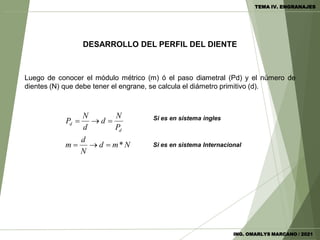 DESARROLLO DEL PERFIL DEL DIENTE
Luego de conocer el módulo métrico (m) ó el paso diametral (Pd) y el número de
dientes (N) que debe tener el engrane, se calcula el diámetro primitivo (d).
Si es en sistema ingles
N
m
d
N
d
m
P
N
d
d
N
P
d
d
*






Si es en sistema Internacional
ING. OMARLYS MARCANO / 2021
TEMA IV. ENGRANAJES
 