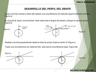 DESARROLLO DEL PERFIL DEL DIENTE
Realizar una línea perpendicular desde la línea de acción hasta el centro O. Figura c)
Trazar una circunferencia con distancia OC, esta será la circunferencia base. Figura d)0
Figura c)
Figura d)
O
.
.
C C
O
.
.
Trazar una línea vertical y sobre ella realizar una circunferencia con diámetro igual al diámetro primitivo.
Figura a)
En el punto B, trazar una horizontal, medir sobre ella el ángulo de presión y dibujar la línea de acción.
Figura b)
.
.
Línea de
centro
B
O
Ángulo de presión α
.
.
Línea
horizontal
B
O
Línea de acción
Figura a)
Figura b)
TEMA IV. ENGRANAJES
ING. OMARLYS MARCANO / 2021
 