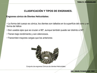 Engranes cónico de Dientes Helicoidales:
• La forma del cuerpo es cónica, los dientes son tallados en la superficie del cono y en
forma de hélice
• Son usados ejes que se cruzan a 90º, aunque también puede ser distinto a 90º.
• Tienen bajo rendimiento y son silenciosos.
• Transmiten mayores cargas que los anteriores
Conjunto de engranes Cónicos de dientes Helicoidales
CLASIFICACIÓN Y TIPOS DE ENGRANES.
ING. OMARLYS MARCANO / 2021
TEMA IV. ENGRANAJES
 