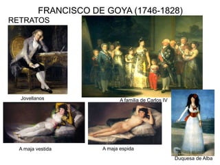 FRANCISCO DE GOYA (1746-1828)
RETRATOS
Jovellanos A familia de Carlos IV
A maja vestida A maja espida
Duquesa de Alba
 