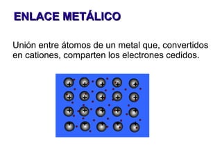 ENLACE METÁLICO

Unión entre átomos de un metal que, convertidos
en cationes, comparten los electrones cedidos.


             +   +   +   +   +
             +   +   +   +   +
             +   +   +   +   +
             +   +   +   +   +
 