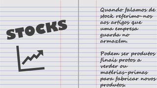 Quando falamos de
stock referimo-nos
aos artigos que
uma empresa
guarda no
armazém.
Podem ser produtos
finais protos a
verder ou
matérias-primas
para fabricar novos
produtos.
 