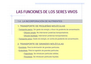 LAS FUNCIONES DE LOS SERES VIVOS
1.4. LA INCORPORACIÓN DE NUTRIENTES
1. TRANSPORTE DE PEQUEÑAS MOLÉCULAS
- Transporte pasi...