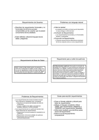 Requerimientos de Usuarios
?Describen los requerimientos funcionales y no
funcionales de tal forma que sean
comprensibles por los usuarios que no posean
conocimiento técnicodetallado.
?Están definidos utilizando lenguaje natural,
tablas y diagramas
Problemas con lenguaje natural
?Falta de claridad
?La precisi ón es difícil sin hacerque el documento
no sea ambiguo ni difícil de leer
?Confusión de Requerimientos
? Los requerimientos funcionales y no funcionales
tienden a confundirse.
?Conjunción de Requerimientos
? Diversos requerimientos diferentes se expresan
de forma conjunta como un único requerimiento
Requerimiento de Base de Datos
4.A.5 La base de datos deberá ayudar ala generación y
control de la configuración de objetos; es decir, objetos que
a su vez son agrupaciones de otros de la base de datos. Los
recursos para estecontrol permitirán el acceso a los objetos
en unaversión de grupo utilizando un nombre incompleto
.
Requerimiento para un editor de cuadrícula
2.6 Recursosdela cuadrícula. Para ayudar a la ubicación de
entidades en un diagrama, el usuario activará una cuadrícula en
cent ímetros o en pulgadas , medianteuna opción en el panel de
control. De forma inicial, dicha cuadrícula estará desactivada.
Esta cuadrículase podrá activar o desactivar en cualquier
momentoduranteuna sesión de edición y puesta en pulgadas y
cent ímetros . La opción de cuadrícula se proveerá en la vista de
reducción de ajuste, pero el número de líneas de la cuadrícula a
mostrar se reducirá para evitar saturar el diagramamás pequeño
con líneas de cuadrícula.
Problemas de Requerimientos
?Los requerimientos de la base de datos incluyen
tanto informaci ón detallada como conceptual
?Describen el conceptode las facilidades de control de
configuración
?Incluyen el detalle de los objetos que puedenser
accedidos utilizando un nombre incompleto
?Los requerimientos de la cuadrícula mezclan tres
clases diferentes de requerimientos
?Requerimiento funcionalconceptual (la necesidad de una
cuadrícula)
?Requerimiento no funcional (unidades de cuadrícula)
?Requerimiento de IU no funcionale
(activación/desactivación)
Guías para escribir requerimientos
?Crear un formato estándar y utilizarlo para
todos los requerimientos
?Utilizar un lenguaje consistente.Utilizar
“DEBE” para requerimientos obligatorios y
“DEBERÍA” para requerimientos deseables
?Utilize texto resaltado para identificar partes
claves del requerimiento
?Evite el usode lenguaje técnico
computacional
 