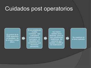 Cuidados post operatorios


                     Si se establecen
                           niveles          Así mismo
                      correctos, sea       existen otros
 El control de la
                         cual sea el    factores como lo
 PDB determina
                      procedimiento      son condiciones      No masticar en
 el resultado de
                       quirúrgico, el     sistémicas del     el área operada.
la cirugía a largo
                       resultado son       paciente que
      plazo-
                     condiciones que    puedan modificar
                         favorecen       la cicatrización.
                        periodonto.
 