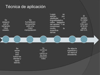 Técnica de aplicación
                                                    Luego           se
                                                    aplican        por                       El
                                                    vestibular        o                  apósito
    Se                      Se                      lingual/palatino                     no debe
 asegura               humedecen                    rollos delgados                       cubrir
  que el               los guantes                  del apósito. Y se                    más que
sangrado                 para una                   comprimen                            el tercio
   haya                   mejor                     contra           la                   apical
 cesado.               manipulación                 superficie                           del O.D.
                                                    dental.




               Se                         Se                              Se alisa la
             secan                    comienza                            superficie y
                                          por
              muy                     colocar en                          se retira el
              bien                     las áreas                          excedente.
           todos los                  interproxi-
           dientes y                     males
             tejido
            blando.
 