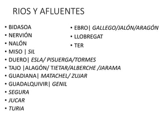 RIOS Y AFLUENTES
• BIDASOA
• NERVIÓN
• NALÓN
• MISO | SIL
• DUERO| ESLA/ PISUERGA/TORMES
• TAJO |ALAGÓN/ TIETAR/ALBERCHE /JARAMA
• GUADIANA| MATACHEL/ ZUJAR
• GUADALQUIVIR| GENIL
• SEGURA
• JUCAR
• TURIA
• EBRO| GALLEGO/JALÓN/ARAGÓN
• LLOBREGAT
• TER
 