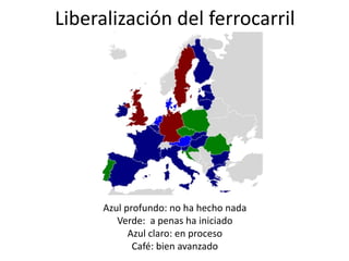 Liberalización del ferrocarril
Azul profundo: no ha hecho nada
Verde: a penas ha iniciado
Azul claro: en proceso
Café: bien avanzado
 