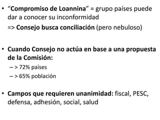 • “Compromiso de Loannina” = grupo países puede
dar a conocer su inconformidad
=> Consejo busca conciliación (pero nebuloso)
• Cuando Consejo no actúa en base a una propuesta
de la Comisión:
– > 72% países
– > 65% población
• Campos que requieren unanimidad: fiscal, PESC,
defensa, adhesión, social, salud
 