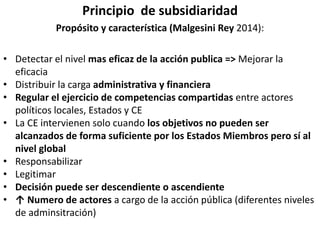 Principio de subsidiaridad
Propósito y característica (Malgesini Rey 2014):
• Detectar el nivel mas eficaz de la acción publica => Mejorar la
eficacia
• Distribuir la carga administrativa y financiera
• Regular el ejercicio de competencias compartidas entre actores
políticos locales, Estados y CE
• La CE intervienen solo cuando los objetivos no pueden ser
alcanzados de forma suficiente por los Estados Miembros pero sí al
nivel global
• Responsabilizar
• Legitimar
• Decisión puede ser descendiente o ascendiente
• ↑ Numero de actores a cargo de la acción pública (diferentes niveles
de adminsitración)
 