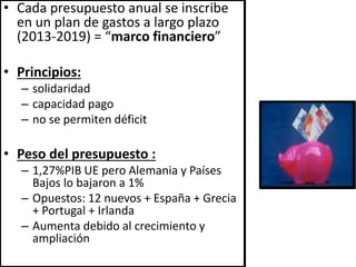 • Cada presupuesto anual se inscribe
en un plan de gastos a largo plazo
(2013-2019) = “marco financiero”
• Principios:
– solidaridad
– capacidad pago
– no se permiten déficit
• Peso del presupuesto :
– 1,27%PIB UE pero Alemania y Países
Bajos lo bajaron a 1%
– Opuestos: 12 nuevos + España + Grecia
+ Portugal + Irlanda
– Aumenta debido al crecimiento y
ampliación
 