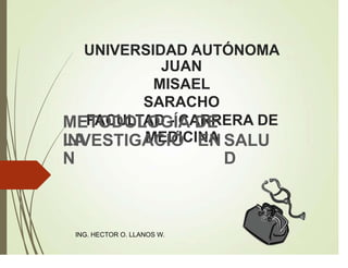 UNIVERSIDAD AUTÓNOMA
JUAN
MISAEL
SARACHO
FACULTAD - CARRERA DE
MEDICINA
METODOLOGÍA DE
LA
INVESTIGACIÓ
N
EN SALU
D
ING. HECTOR O. LLANOS W.
 