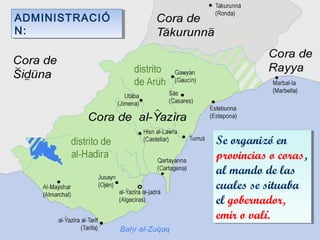 Se organizó en
provincias o coras,
al mando de las
cuales se situaba
el gobernador,
emir o valí.
Se organizó en
provincias o coras,
al mando de las
cuales se situaba
el gobernador,
emir o valí.
ADMINISTRACIÓ
N:
ADMINISTRACIÓ
N:
 