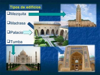Mezquita
Madrasa
Palacio
Tumba
Mezquita
Madrasa
Palacio
Tumba
Tipos de edificios
 