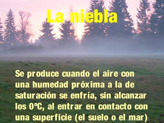 La niebla
Se produce cuando el aire con
una humedad próxima a la de
saturación se enfría, sin alcanzar
los 0ºC, al entrar en contacto con
una superficie (el suelo o el mar)
 