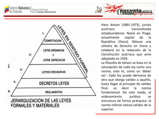 Hans Kelsen (1881-1973), jurista
austriaco nacionalizado
estadounidense. Nació en Praga,
actualmente capital de la
República Checa). Obtuvo una
cátedra de Derecho en Viena y
colaboró en la redacción de la
Constitución austriaca que sería
adoptada en 1920.
La filosofía de Kelsen se basa en la
concepción de cada ley como una
norma, esto es, como un ‘deber
ser’. Cada ley puede derivarse de
otra que otorga validez a aquélla,
hasta llegar al principio de validez
final, es decir la norma
fundamental. De este modo, el
ordenamiento jurídico se
estructura de forma jerárquica: la
norma inferior extrae validez de la
superior.
 
