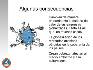 Algunas consecuencias
Cambian de manera
determinante la cadena de
valor de las empresas
globalizadas. Tanto es así
que, en muchos casos.
La globalización de los
mercados ocasiona
pérdidas en la soberanía de
los países.
Crean pobreza, afectan al
medio ambiente y a la
cultura local.

 