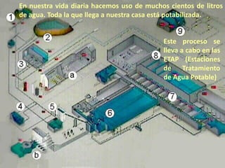 En nuestra vida diaria hacemos uso de muchos cientos de litros
de agua. Toda la que llega a nuestra casa está potabilizada.

Este proceso se
lleva a cabo en las
ETAP (Estaciones
de Tratamiento
de Agua Potable)

 