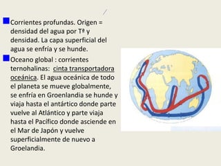Corrientes profundas. Origen =
densidad del agua por Tª y
densidad. La capa superficial del
agua se enfría y se hunde.
Oceano global : corrientes
ternohalinas: cinta transportadora
oceánica. El agua oceánica de todo
el planeta se mueve globalmente,
se enfría en Groenlandia se hunde y
viaja hasta el antártico donde parte
vuelve al Atlántico y parte viaja
hasta el Pacífico donde asciende en
el Mar de Japón y vuelve
superficialmente de nuevo a
Groelandia.

 