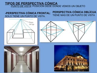TIPOS DE PERSPECTIVA CÓNICA -PERSPECTIVA CÓNICA FRONTAL : SOLO TIENE UN PUNTO DE VISTA. PERSPECTIVA CÓNICA OBLÍCUA TIENE MAS DE UN PUNTO DE VISTA PUNTO DE VISTA : POSICIÓN DEDE DONDE VEMOS UN OBJETO 