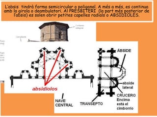 L’absis tindrà forma semicircular o poligonal. A més a més, es continua
amb la girola o deambulatori. Al PRESBITERI (la part més posterior de
l’absis) es solen obrir petites capelles radials o ABSIDIOLES.
 