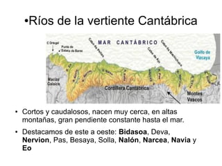 Ríos de la vertiente Cantábrica

●

●

●

Cortos y caudalosos, nacen muy cerca, en altas
montañas, gran pendiente constante hasta el mar.
Destacamos de este a oeste: Bidasoa, Deva,
Nervion, Pas, Besaya, Solla, Nalón, Narcea, Navia y
Eo

 