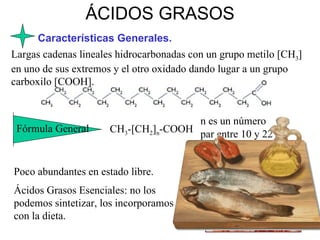 ÁCIDOS GRASOS Características Generales. Largas cadenas lineales hidrocarbonadas con un grupo metilo [CH 3 ] en uno de sus extremos y el otro oxidado dando lugar a un grupo carboxilo [COOH]. Fórmula General  CH 3 -[CH 2 ] n -COOH n es un número par entre 10 y 22 Poco abundantes en estado libre. Ácidos Grasos Esenciales: no los podemos sintetizar, los incorporamos con la dieta. 