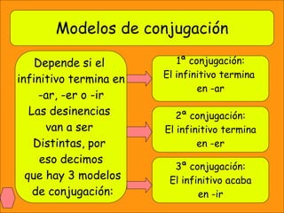 Modelos de conjugación
Depende si el
infinitivo termina en
-ar, -er o -ir
Las desinencias
van a ser
Distintas, por
eso decimos
que hay 3 modelos
de conjugación:
1ª conjugación:
El infinitivo termina
en -ar
2ª conjugación:
El infinitivo termina
en -er
3ª conjugación:
El infinitivo acaba
en -ir
 