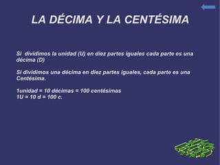 LA DÉCIMA Y LA CENTÉSIMA Si  dividimos la unidad (U) en diez partes iguales cada parte es una décima (D) Si dividimos una décima en diez partes iguales, cada parte es una  Centésima. 1unidad = 10 décimas = 100 centésimas 1U = 10 d = 100 c. 