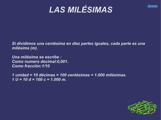 LAS MILÉSIMAS Si dividimos una centésima en diez partes iguales, cada parte es una milésima (m). Una milésima se escribe : Como numero decimal:0,001. Como fracción:1/10 1 unidad = 10 décimas = 100 centésimas = 1.000 milésimas. 1 U = 10 d = 100 c = 1.000 m. 