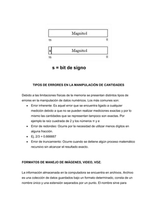 TIPOS DE ERRORES EN LA MANIPULACIÓN DE CANTIDADES
Debido a las limitaciones físicas de la memoria se presentan distintos tipos de
errores en la manipulación de datos numéricos. Los más comunes son:
Error inherente: Es aquel error que se encuentra ligado a cualquier
medición debido a que no se pueden realizar mediciones exactas y por lo
mismo las cantidades que se representan tampoco son exactas. Por
ejemplo la raíz cuadrada de 2 y los números π y e
Error de redondeo: Ocurre por la necesidad de utilizar menos dígitos en
alguna fracción.
Ej. 2/3 = 0.666667
Error de truncamiento: Ocurre cuando se detiene algún proceso matemático
recursivo sin alcanzar el resultado exacto.

FORMATOS DE MANEJO DE IMÁGENES, VIDEO, VOZ.
La información almacenada en la computadora se encuentra en archivos. Archivo
es una colección de datos guardados bajo un formato determinado, consta de un
nombre único y una extensión separados por un punto. El nombre sirve para

 