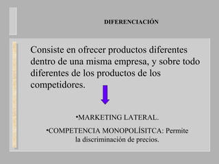 DIFERENCIACIÓN
Consiste en ofrecer productos diferentes
dentro de una misma empresa, y sobre todo
diferentes de los productos de los
competidores.
•MARKETING LATERAL.
•COMPETENCIA MONOPOLÍSITCA: Permite
la discriminación de precios.
 