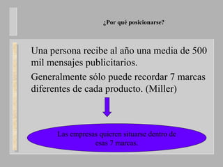 ¿Por qué posicionarse?
Una persona recibe al año una media de 500
mil mensajes publicitarios.
Generalmente sólo puede recordar 7 marcas
diferentes de cada producto. (Miller)
Las empresas quieren situarse dentro de
esas 7 marcas.
 