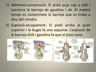 1) Admissió-compressió: El pistó puja cap a dalt i
succiona la barreja de gasolina i oli. Al mateix
temps es comprimeix la barreja que es troba a
dins del cilindre.
2) Explosió-escapament: El pistó arriba al punt
superior i la bugia fa una espurna. L’explosió de
la barreja d’oli i gasolina fa que el pistó baixi.
 