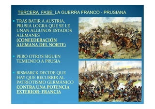 TERCERA FASE: LA GUERRA FRANCO - PRUSIANA
TRAS BATIR A AUSTRIA,
PRUSIA LOGRA QUE SE LE
UNAN ALGUNOS ESTADOS
ALEMANES
(CONFEDERACIÓN
ALEMANA DEL NORTE)

PERO OTROS SIGUEN
TEMIENDO A PRUSIA

BISMARCK DECIDE QUE
HAY QUE RECURRIR AL
PATRIOTISMO GERMÁNICO
CONTRA UNA POTENCIA
EXTERIOR: FRANCIA
 