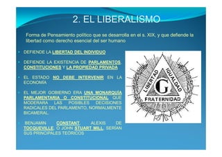 2. EL LIBERALISMO
Forma de Pensamiento político que se desarrolla en el s. XIX, y que defiende la
libertad como derecho esencial del ser humano

DEFIENDE LA LIBERTAD DEL INDIVIDUO

DEFIENDE LA EXISTENCIA DE PARLAMENTOS,
CONSTITUCIONES Y LA PROPIEDAD PRIVADA

EL ESTADO NO DEBE INTERVENIR EN LA
ECONOMÍA

EL MEJOR GOBIERNO ERA UNA MONARQUÍA
PARLAMENTARIA O CONSTITUCIONAL QUE
MODERARA LAS      POSIBLES  DECISIONES
RADICALES DEL PARLAMENTO, NORMALMENTE
BICAMERAL.

BENJAMIN     CONSTANT,    ALEXIS     DE
TOCQUEVILLE, O JOHN STUART MILL, SERÍAN
SUS PRINCIPALES TEÓRICOS
 