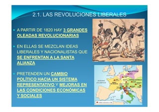 2.1. LAS REVOLUCIONES LIBERALES

A PARTIR DE 1820 HAY 3 GRANDES
OLEADAS REVOLUCIONARIAS

EN ELLAS SE MEZCLAN IDEAS
LIBERALES Y NACIONALISTAS QUE
SE ENFRENTAN A LA SANTA
ALIANZA

PRETENDEN UN CAMBIO
POLÍTICO HACIA UN SISTEMA
REPRESENTATIVO Y MEJORAS EN
LAS CONDICIONES ECONÓMICAS
Y SOCIALES
 