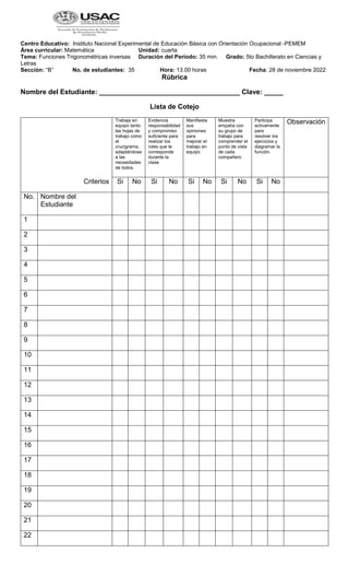 Centro Educativo: Instituto Nacional Experimental de Educación Básica con Orientación Ocupacional -PEMEM
Área curricular: Matemática Unidad: cuarta
Tema: Funciones Trigonométricas inversas Duración del Período: 35 min. Grado: 5to Bachillerato en Ciencias y
Letras
Sección: “B” No. de estudiantes: 35 Hora: 13.00 horas Fecha: 28 de noviembre 2022
Rúbrica
Nombre del Estudiante: _____________________________________ Clave: _____
Lista de Cotejo
Criterios
Trabaja en
equipo tanto
las hojas de
trabajo como
el
crucigrama,
adaptándose
a las
necesidades
de todos.
Evidencia
responsabilidad
y compromiso
suficiente para
realizar los
roles que le
corresponde
durante la
clase
Manifiesta
sus
opiniones
para
mejorar el
trabajo en
equipo
Muestra
empatía con
su grupo de
trabajo para
comprender el
punto de vista
de cada
compañero
Participa
activamente
para
resolver los
ejercicios y
diagramar la
función.
Observación
Si No Si No Si No Si No Si No
No. Nombre del
Estudiante
1
2
3
4
5
6
7
8
9
10
11
12
13
14
15
16
17
18
19
20
21
22
 