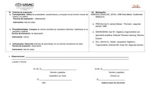 VI. Criterios de evaluación:
● Conceptuales: Define las propiedades, características y conceptos de las función inversa del
coseno y su gráfica
Técnica de evaluación: observación
Instrumento: lista de cotejo
● Procedimentales: Compara de manera acertada los resultados obtenidos, basándose en su
esquema y gráficas
Técnica de evaluación: de desempeño
Instrumento: rúbrica.
● Actitudinales: Desarrolla actitudes de aprendizaje con sus demás compañeros de clase.
Técnica de evaluación: observación
Instrumento: lista de cotejo.
VII. Bibliografía:
MINEDUC-DIGECUR. (2018). CNB Nivel Medio. Guatemala:
MINEDUC.
● PRECALCULO; James Stewar; Thomson; segunda
edición 1998
● SWOKOWSKI, Earl W.; Álgebra y trigonometría con
geometría analítica, Editorial Thomson learning, Décima
Edición.
● ZILL, Dennis G.; Dewar, Jacqueline; Algebra y
Trigonometría, Editorial MC Graw Hill, Segunda Edición,
⮚ Observaciones: ________________________________________________________________________________________ ________________
_______________________________________________________________________________________________________________________
LUGAR Y FECHA
Vo. Bo. (f)____________________________________ Vo.Bo. (f)___________________________
Nombre y apellidos Nombre y apellidos
Catedrático (a) Titular Director (a)
(f) _________________________________ (f)___________________________
MSc. Nolberto Equite Pec 201122222
 