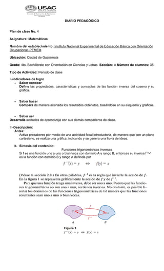 DIARIO PEDAGÓGICO
Plan de clase No. 4
Asignatura: Matemáticas
Nombre del establecimiento: Instituto Nacional Experimental de Educación Básica con Orientación
Ocupacional -PEMEM
Ubicación: Ciudad de Guatemala
Grado: 4to. Bachillerato con Orientación en Ciencias y Letras Sección: A Número de alumnos: 35
Tipo de Actividad: Periodo de clase
I -Indicadores de logro
 Saber conocer
Define las propiedades, características y conceptos de las función inversa del coseno y su
gráfica.
 Saber hacer
Compara de manera acertada los resultados obtenidos, basándose en su esquema y gráficas.
 Saber ser
Desarrolla actitudes de aprendizaje con sus demás compañeros de clase.
ll -Descripción:
Antes:
Activa presaberes por medio de una actividad focal introductoria, de manera que con un plano
cartesiano, se realiza una gráfica, indicando y se genera una lluvia de ideas.
II. Síntesis del contenido:
Funciones trigonométricas inversas
Si f es una función uno a uno o biunívoca con dominio A y rango B, entonces su inversa f ^-1
es la función con dominio B y rango A definida por
 