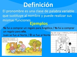 Definición
El pronombre es una clase de palabra variable
que sustituye al nombre y puede realizar sus
mismas funciones
Ejemplos
Yo fui a comprar un regalo para Angélica / Yo fui a comprar
un regalo para ella.
Juan se fue al Norte / Él se fue al Norte.
 