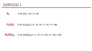 EJERCICIO 1
N2 P. M. (N2) = 14 · 2 = 28
C9H8O4 P. M. (C9H8O4) = 9 · 12 + 8 · 1 + 16 · 4 = 180
Al2(SO4)3 P. M. (Al2(SO4)3) = 2 · 27 + 3 · (32 + 4 · 16) = 342
 