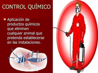 CONTROL QUÍMICO Aplicación de productos químicos que eliminen cualquier animal que pretenda establecerse en las instalaciones. 