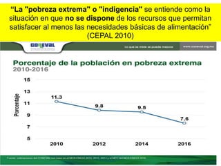 “La "pobreza extrema" o "indigencia" se entiende como la
situación en que no se dispone de los recursos que permitan
satisfacer al menos las necesidades básicas de alimentación”
(CEPAL 2010)
 