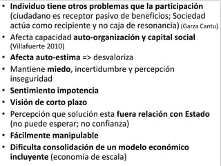 • Individuo tiene otros problemas que la participación
(ciudadano es receptor pasivo de beneficios; Sociedad
actúa como recipiente y no caja de resonancia) (Garza Cantu)
• Afecta capacidad auto-organización y capital social
(Villafuerte 2010)
• Afecta auto-estima => desvaloriza
• Mantiene miedo, incertidumbre y percepción
inseguridad
• Sentimiento impotencia
• Visión de corto plazo
• Percepción que solución esta fuera relación con Estado
(no puede esperar; no confianza)
• Fácilmente manipulable
• Dificulta consolidación de un modelo económico
incluyente (economía de escala)
 