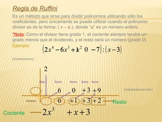 Ejemplo:
( ) ( )3:762 234
−−+− xxxx2 6− 1+ 0 7− 3
2
6
Bajo
Multiplico 0
0
1+
3+
Sumo SumoSumoSumo
3+
9+
2+ Resto
Cociente 32 3
++ xx
(Comencemos)
(Interpretemos esto)
Regla de Ruffini
Es un método que sirve para dividir polinomios utilizando sólo los
coeficientes, pero únicamente se puede utilizar cuando el polinomio
divisor es de la forma: ( x – a ), donde “a” es un número entero.
*Nota: Como el divisor tiene grado 1, el cociente siempre tendrá un
grado menos que el dividendo, y el resto será un número (grado 0).
 