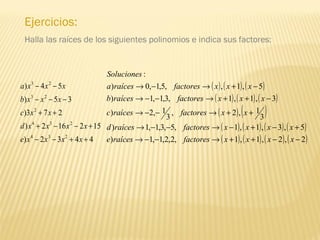 Ejercicios:
Halla las raíces de los siguientes polinomios e indica sus factores:
4432)
152162)
273)
35)
54)
234
234
2
23
23
++−−
+−−+
++
−−−
−−
xxxxe
xxxxd
xxc
xxxb
xxxa ( ) ( ) ( )
( ) ( ) ( )
( ) ( )
( ) ( ) ( ) ( )
( ) ( ) ( ) ( )2,2,1,1,2,2,1,1)
5,3,1,1,5,3,1,1)
3
1,2,
3
1,2)
3,1,1,3,1,1)
5,1,,5,1,0)
:
−−++→−−→
+−+−→−−→
++→−−→
−++→−−→
−+→−→
xxxxfactoresraícese
xxxxfactoresraícesd
xxfactoresraícesc
xxxfactoresraícesb
xxxfactoresraícesa
Soluciones
 