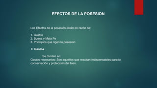 EFECTOS DE LA POSESION
Los Efectos de la posesión están en razón de:
1. Gastos
2. Buena y Mala Fe
3. Principios que rigen la posesión
 Gastos
Se dividen en:
Gastos necesarios: Son aquellos que resultan indispensables para la
conservación y protección del bien.
 